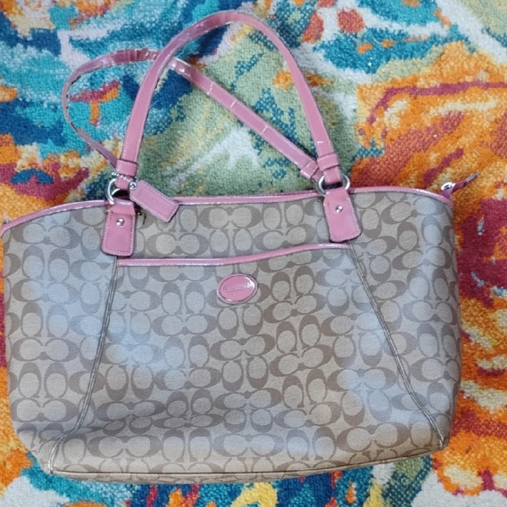 Coach Beige Signature Tote with Pink Trim